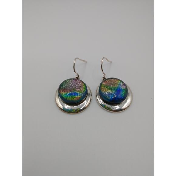 Fused glass round dangle iridescent earrings silver tone pretty shimmer - Picture 8 of 9